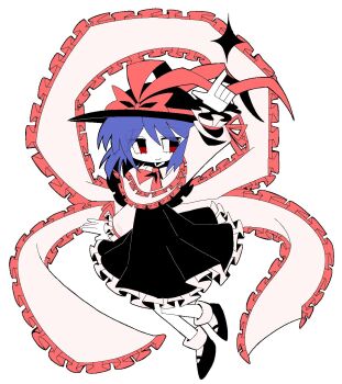 Rule 34 | 1girl, black hat, black shoes, black skirt, bow, capelet, closed mouth, dmebgsa3, frilled capelet, frilled shawl, frills, full body, hat, hat bow, highres, index finger raised, long skirt, long sleeves, looking at viewer, medium hair, nagae iku, purple hair, red bow, red eyes, shawl, shoes, simple background, skirt, socks, solo, touhou, white background, white socks