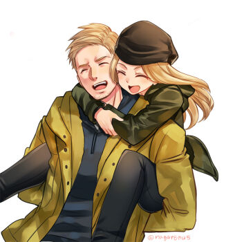 blonde_hair blush carrying closed_eyes coat ethan_winters facial_hair father_and_daughter hood hug jacket nagare open_mouth resident_evil resident_evil_village rosemary_winters smile