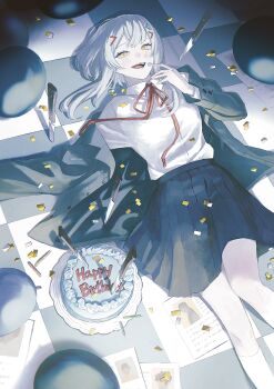 Rule 34 | 1girl, absurdres, balloon, blush, cake, collared shirt, commentary request, confetti, food, hair ornament, hairclip, happy, happy birthday, highres, ice morinaka, icing, knife, looking at viewer, lying, medium hair, neckerchief, on back, open mouth, original, pages, red neckerchief, school uniform, serafuku, shirt, skirt, socks, solo, tile floor, tiles, white hair, white shirt, white socks, yellow eyes