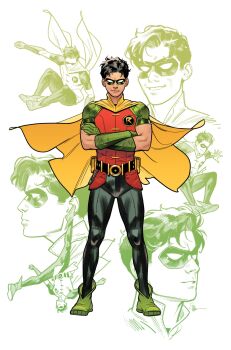 1boy absurdres batman_(series) belt bishounen black_hair black_pants bodysuit cape commentary crossed_arms dc_comics dick_grayson doc_shaner domino_mask english_commentary eye_mask facing_viewer full_body gloves green_footwear green_gloves highres insignia male_focus mask official_art pants robin_(dc) short_hair signature simple_background smile smirk superhero_costume teen_titans utility_belt western_comics_(style) white_background yellow_cape