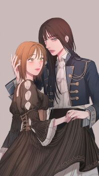 Rule 34 | 2girls, bad thinking diary, black dress, black hair, blue eyes, blue jacket, blush, brown eyes, brown hair, closed mouth, dress, grey background, hand on own hip, highres, jacket, kang yuna (bad thinking diary), kim minji (bad thinking diary), long hair, looking at viewer, multiple girls, shirt, very long hair, white shirt