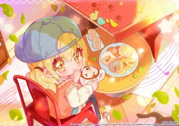 1girl artist_name azusawa_kohane backwards_hat bird black_hat black_thighhighs blonde_hair blue_shorts blurry blush chair chou_ji_yun commentary_request company_name copyright_notice cup depth_of_field guest_art hat hatsune_miku korean_commentary mug musical_note official_art pink_sweater_vest plate project_sekai second-party_source shirt shoes shorts sitting sneakers solo star_(symbol) sweater_vest table thighhighs twintails vivid_bad_squad_miku vocaloid watermark web_address white_shirt white_shoes yellow_eyes