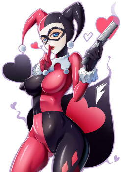 1girl black_bodysuit black_gloves blue_eyes bodysuit breasts closed_mouth covered_navel dc_comics finger_to_mouth gloves gun harley_quinn hat heart holding holding_gun holding_weapon jester_cap large_breasts looking_at_viewer multicolored_bodysuit red_bodysuit red_gloves smoke smoking_barrel solo teng_zhai_zi two-tone_bodysuit weapon