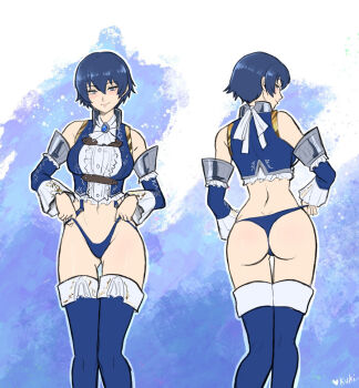 Rule 34 | 1girl, adjusting clothes, adjusting panties, ascot, ass, blue hair, blue panties, blush, breasts, brooch, butt crack, crop top, detached sleeves, gluteal fold, high-cut armor (persona), jewelry, kuki (kukimoonie), large breasts, lingerie, looking at viewer, multiple views, official alternate costume, panties, panty pull, persona, persona 4, shirogane naoto, short hair, smile, solo, thighhighs, thong, turnaround, underwear