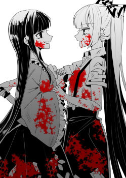 2girls blood blood_from_mouth blood_on_arm blood_on_clothes blood_on_hands blunt_bangs bow collared_shirt commentary_request eye_contact face-to-face flat_chest frilled_shirt_collar frilled_skirt frilled_sleeves frills fujiwara_no_mokou hair_bow high_ponytail highres holding holding_knife houraisan_kaguya knife long_hair long_skirt long_sleeves looking_at_another multiple_girls ofuda ofuda_on_clothes open_mouth pants ponytail shirt short_sleeves sidelocks simple_background skirt smile spot_color stab suspenders tamiko_(tamik0224) torn_clothes torn_shirt touhou very_long_hair white_background wide_sleeves yuri