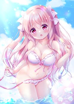 1girl ball beachball bikini blush bow bow_bikini breasts chiika_(cure_cherish) cleavage cloud collarbone cowboy_shot day frilled_bikini frills groin hair_between_eyes hair_bow hair_ornament hairclip large_breasts leaning_forward long_hair looking_at_viewer loose_bikini navel open_clothes open_mouth original pink_hair red_eyes side-tie_bikini_bottom sky solo string_bikini swimsuit two_side_up untied_bikini wading water white_bikini white_bow