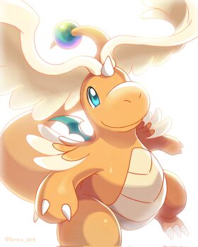 brex_art claws closed_mouth colored_skin dragonite feathered_wings gen_1_pokemon head_wings highres horns mega_dragonite mega_pokemon nintendo no_humans orange_skin pokemon pokemon_(creature) pokemon_focus simple_background single_horn solo tail white_background wings