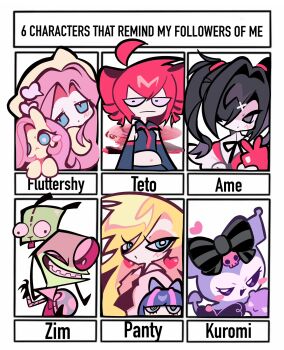 1boy 5girls ahoge alien ame-chan_(needy_girl_overdose) animal animal_ears animal_hat antennae baku_(sanrio) black_hair black_shirt blonde_hair blue_eyes blush bow character_doll character_name characters_that_remind_you_of_me_challenge chibikemo colored_skin commentary creature_and_personification crybabybuno demon_tail detached_sleeves doll drill_hair english_commentary english_text furry furry_female gir_(dog_costume)_(invader_zim) gir_(invader_zim) green_skin grin hair_bow hair_ornament hair_over_one_eye hat highres holding holding_doll invader_zim jirai_kei kasane_teto kasane_teto_(utau) kuromi long_hair looking_at_viewer multiple_drawing_challenge multiple_girls my_little_pony my_little_pony:_friendship_is_magic my_melody_(series) necktie needy_girl_overdose panty_&amp;_stocking_with_garterbelt panty_(psg) personification pink_hair plump pony_(animal) red_eyes red_hair red_necktie red_shirt sanrio shirt short_hair siblings simple_background sisters skull smile stocking_(psg) stomach tail teeth toon_(style) twin_drills twintails utau very_long_hair white_background x_hair_ornament yellow_hat zim_(invader_zim)