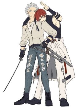 1boy 2boys armband black_eyes clothes_around_waist denim fate/grand_order fate_(series) fingerless_gloves full_body gloves harada_sanosuke_(fate) jacket jacket_around_waist jeans katana looking_at_viewer male_focus multiple_boys multiple_scars nagakura_shinpachi_(fate) noni_(3dal2socks) open_mouth pants red_hair scar scar_on_arm shirt shoes short_hair simple_background sleeveless sleeveless_shirt smile solo standing sword toned toned_male weapon white_background