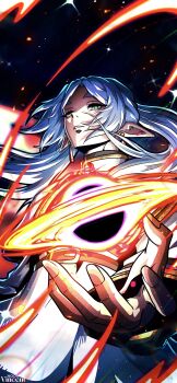 Rule 34 | 1girl, absurdres, artist name, belt, black hole, brown belt, capelet, casting spell, commentary, dress, earrings, elf, english commentary, fingernails, fire, frieren, green eyes, grey hair, high collar, highres, jewelry, long hair, long sleeves, magic, noonvincent, parted bangs, parted lips, pointy ears, solo, sousou no frieren, teardrop earrings, teeth, twintails, white capelet, white dress