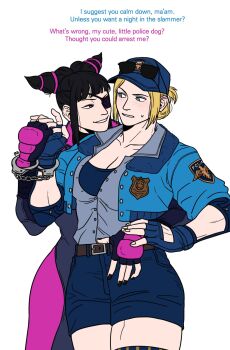 archived_source arm_up baseball_cap behind_another belt biker_clothes bikesuit black_hair black_nails blonde_hair blue_bra blue_eyes blue_gloves blue_jacket blunt_bangs bodysuit bra breasts brown_belt cleavage collarbone collared_shirt commentary cuffs denim denim_shorts drill_hair efd english_commentary english_text eyepatch eyewear_on_head final_fight final_fight_tough fingerless_gloves freckles gloves hair_ornament han_juri hand_on_another's_waist handcuffs hat highres holding_hands jacket korean_commentary looking_at_another lucia_morgan nail_polish padded_gloves parted_lips partially_unbuttoned police police_hat police_uniform policewoman purple_eyes shared_handcuffs shirt shorts sidelocks sleeves_rolled_up smile street_fighter street_fighter_v sunglasses sweatdrop talking twin_drills underwear yuri