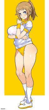 1girl absurdres aiuti blue_eyes breasts brown_hair buruma full_body gundam gundam_build_fighters gundam_build_fighters_try gym_uniform highres hoshino_fumina large_breasts medium_hair ponytail shirt shoes socks solo standing t-shirt two-tone_background uwabaki white_shirt white_socks yellow_background yellow_buruma