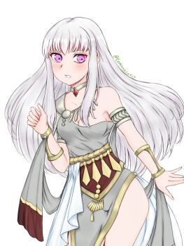 1girl armpits bare_arms bare_shoulders bracelet breasts commentary dancer dancer_(fire_emblem:_three_houses) dress fire_emblem fire_emblem:_three_houses hand_up highres jewelry long_hair looking_at_viewer lysithea_von_ordelia medium_breasts nintendo purple_eyes sideboob sidelocks simple_background single-shoulder_dress solo thighs tomoneco527 twitter_username white_background white_dress white_hair