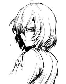 Rule 34 | 1girl, commentary request, greyscale, hair between eyes, kazami yuuka, long bangs, looking at viewer, looking back, monochrome, open mouth, sadahiro (chicken nugget gyuuniku aji), shirt, short hair, solo, touhou, upper body, vest, white background