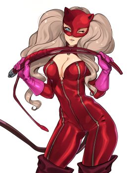 1girl blonde_hair blue_eyes bodysuit boots breasts cat_mask catsuit cleavage fake_tail full-length_zipper gloves highres holding holding_whip knee_boots kukumomo large_breasts leather long_hair looking_at_viewer mask navel one_eye_closed panther_(persona_5) panther_tail parted_lips partially_unzipped persona persona_5 pink_gloves pursed_lips red_bodysuit rubber_gloves solo tail takamaki_anne thigh_boots twintails unzipped whip white_background zipper
