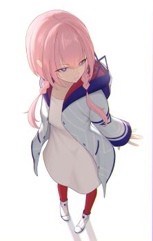 1girl absurdres blue_hoodie braid chromatic_aberration closed_mouth commentary from_above hair_tie highres hood hood_down hoodie kaf_(kamitsubaki_studio) kamitsubaki_studio long_hair long_sleeves multicolored_hoodie neko_hiiragi open_clothes open_hoodie pantyhose pink_hair purple_eyes purple_hoodie red_hoodie red_pantyhose red_pupils serious shirt shoes simple_background solo twin_braids twintails virtual_youtuber white_background white_shirt white_shoes yellow_pupils