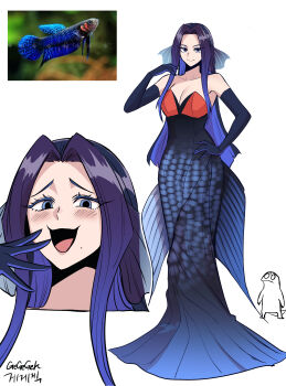 1girl absurdres artist_self-insert bare_shoulders blue_eyes blue_hair breasts cleavage collarbone creature_and_personification dress elbow_gloves fins fish fish_girl gegegekman gloves gradient_hair head_fins highres large_breasts laughing long_hair looking_at_viewer mole mole_under_mouth multicolored_hair multiple_views ojou-sama_pose original parted_bangs personification purple_hair signature smug strapless strapless_dress white_background