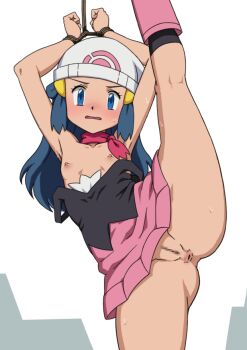 1girl anus arms_up bdsm beanie black_shirt black_socks blue_eyes blue_hair blush bondage bound bound_wrists breasts censored clothes_pull creatures_(company) dawn_(pokemon) female_focus game_freak hair_ornament hairclip hat leg_up loli long_hair looking_at_viewer miniskirt mosaic_censoring nintendo nipples ome_(mercury_cigarette) open_mouth petite pink_skirt poke_ball_print pokemon pokemon_(game) pokemon_dppt pussy restrained scarf shibari shirt shirt_pull skirt small_breasts socks solo split spread_legs standing standing_on_one_leg standing_split wide_spread_legs