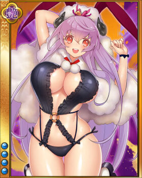 Rule 34 | 1girl, animal ears, arms up, artist request, black panties, breasts, rabbit ears, cape, card (medium), cleavage, female focus, horns, jpeg artifacts, large breasts, long hair, looking at viewer, navel, official art, orange eyes, panties, purple hair, sengoku bushouki muramasa, sheep horns, side-tie panties, solo, thigh gap, toudou takatora (sengoku bushouki muramasa), underwear, very long hair