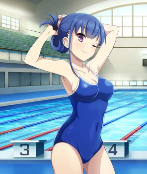 1girl ;) armpits arms_up bleachers blue_hair blue_one-piece_swimsuit breasts cleavage closed_mouth collarbone cowboy_shot day dot_nose game_cg hair_rings hair_up indoors koike_saaya lane_line large_breasts looking_at_viewer official_art one-piece_swimsuit one_eye_closed pool purple_eyes railing school_swimsuit short_hair sideboob single_hair_ring single_sidelock smile solo swimsuit third-party_source toji_no_miko toji_no_miko:_kizamishi_issen_no_tomoshibi tying_hair window