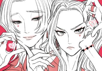 Rule 34 | 1boy, 1girl, closed mouth, commentary, earrings, eyeliner, eyeshadow, fingernails, greyscale with colored background, head rest, heart, highres, jewelry, kpop demon hunters, long fingernails, long hair, makeup, mira (kpop demon hunters), oolelele, pink background, pink eyeshadow, pink lips, pink shirt, ring, romance (kpop demon hunters), shirt, sidelocks, twintails