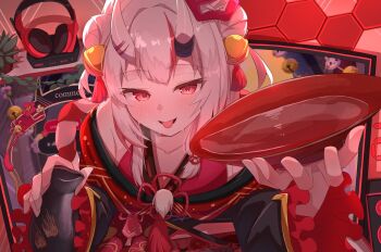 Rule 34 | 1girl, alcohol, bottle, choko (cup), commentary request, cup, headphones, headphones removed, highres, holding, holding bottle, holding cup, hololive, horns, japanese clothes, kimono, long hair, looking at viewer, mk haku, multicolored hair, nakiri ayame, nakiri ayame (1st costume), oni, open mouth, red eyes, red kimono, red streaks, sake, sake bottle, skin-covered horns, solo, streaked hair, tongue, tongue out, very long hair, virtual youtuber