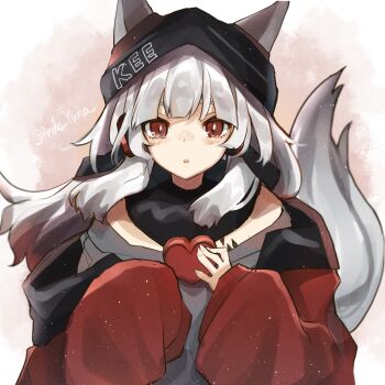 1girl andou_yuna animal_ears arknights beanie black_hat blush clothes_writing ears_through_headwear fox_ears fox_girl fox_tail frostleaf_(arknights) grey_hair grey_shirt hat heart holding holding_heart infection_monitor_(arknights) jacket long_hair off_shoulder open_clothes open_jacket parted_lips red_eyes red_jacket shirt solo straight-on tail tail_raised upper_body
