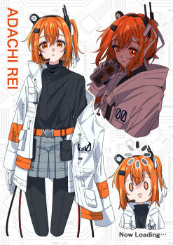 1girl :o a.i._voice absurdres adachi_rei arms_at_sides belt black_pantyhose black_shirt blush breast_pocket cable cassette_player character_name computer_chip cropped_legs cropped_torso deformed english_text flat_chest floating_hair grey_shorts hair_between_eyes hair_ornament hair_ribbon hand_up headlamp headphones headset highres holding jacket jacket_partially_removed koz_001 loading_icon long_hair looking_at_viewer microphone multiple_views netsu_ijou_(utau) open_clothes open_jacket orange_belt orange_eyes orange_hair pantyhose parted_bangs pleated_shorts pocket radio_antenna ribbon shirt shorts side_ponytail solid_circle_eyes solo triangle_mouth twitter_username utau white_jacket white_ribbon zipper