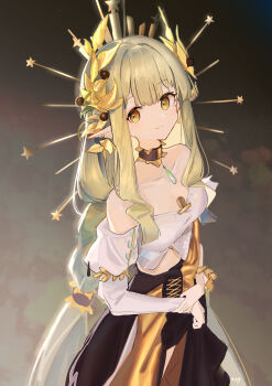 1girl absurdres andersonalac arknights black_skirt choker collarbone commentary earrings elf green_hair highres jewelry long_hair looking_at_viewer midriff muelsyse_(arknights) muelsyse_(golden_reverie)_(arknights) off-shoulder_shirt off_shoulder pointy_ears shirt skirt solo white_shirt yellow_eyes
