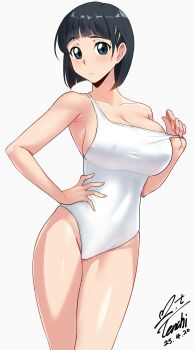 Rule 34 | 1girl, armpit crease, black eyes, black hair, breasts, cleavage, closed mouth, clothes pull, collarbone, commentary request, commission, competition swimsuit, covered navel, cowboy shot, dated, feet out of frame, hair ornament, hand on own hip, highres, kirigaya suguha, large breasts, looking at viewer, one-piece swimsuit, one-piece swimsuit pull, pixiv commission, pulling own clothes, revision, school swimsuit, short hair, signature, simple background, solo, standing, swimsuit, sword art online, thighs, white background, white one-piece swimsuit, yoo tenchi