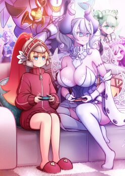 5girls :| akisame_rizu arianna_the_labrynth_servant arianne_the_labrynth_servant arias_the_labrynth_butler bare_legs bare_shoulders black_dress black_tail blonde_hair blue_eyes breasts chestnut_mouth cleavage closed_mouth controller demon_girl demon_horns demon_wings dress drill_hair duel_monster expressionless fang full_body game_controller gamepad green_eyes green_tail green_wings grey_eyes grey_hair group_picture helmet highres holding holding_controller holding_game_controller horns huge_breasts jacket jitome joy-con_2 kneeling knight_(yu-gi-oh!) labrynth_archfiend lovely_labrynth_of_the_silver_castle maid maid_headdress multiple_girls multiple_wings one_eye_closed open_mouth pantyhose playing_games pointy_ears purple_eyes purple_tail purple_wings red_jacket simple_background sitting sketch standing strapless strapless_dress striped_tail tail thighhighs track_jacket transparent_wings twin_drills twintails twitter_username two-tone_tail white_background white_dress wings yu-gi-oh!