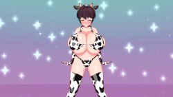 1girl 20s 3d animal_ears animal_print animated aqua_background ass audible_music back bandai bell belt bikini blush bouncing_breasts breasts brown_eyes brown_hair bursting_breasts cleavage collar cow_ears cow_horns cow_print cow_print_bikini cow_print_gloves cow_tail cowbell dancing elbow_gloves female_focus gloves gradient_background happy harimau_mmd2 headset horns huge_breasts idolmaster idolmaster_cinderella_girls looking_at_viewer matching_hair/eyes midriff mikumikudance_(medium) multicolored_background multiple_views music namco navel neck_bell oikawa_shizuku pink_background plump print_bikini print_gloves purple_background short_hair side-tie_bikini_bottom simple_background singing skindentation smile sound star_(symbol) star_symbol_background swimsuit tail thick_thighs thighhighs thighs video wide_hips