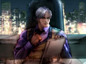 1boy adjusting_clothes adjusting_necktie chair city collared_shirt game_cg grey_hair kawano_takuji lee_chaolan looking_at_viewer male_focus monitor necktie official_art purple_shirt screen shirt sitting skyline solo tekken tekken_4 vest waistcoat