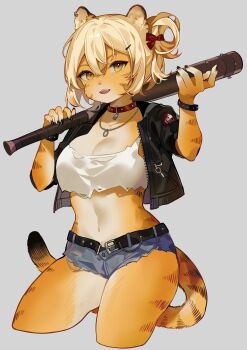 1girl absurdres animal_ears baseball_bat belt black_jacket blonde_hair bracelet breasts choker claws crop_top cropped_jacket cropped_legs cutoffs delinquent denim denim_shorts female_focus furry furry_female hair_rings highres holding_bat jacket jewelry large_breasts looking_at_viewer medium_breasts micro_shorts nail_(hardware) nail_bat navel necklace open_mouth orange_eyes original shorts solo taegax tail thighs tiger_ears tiger_girl tiger_tail