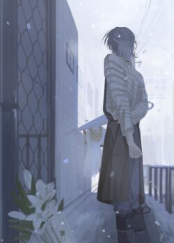 Rule 34 | 18trip, 1boy, 22kolink, apron, arms behind back, chain-link fence, clenched hand, commentary, facing away, fence, flower, grey apron, grey hair, hachinoya nagi, half updo, hand on own arm, highres, long sleeves, male focus, medium hair, outdoors, power lines, shirt, snow, snowing, solo, standing, striped clothes, striped shirt, white flower