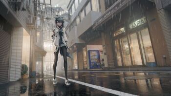 1girl animal_ear_fluff animal_ears arknights black_hair black_pantyhose building chair coat commentary english_commentary from_below highres holding holding_umbrella jewelry lit_for_20 necklace official_alternate_costume outdoors pantyhose pavement rain road scenery shoes shop shoulder_strap sneakers solo storefront tail texas_(arknights) texas_(winter_messenger)_(arknights) transparent transparent_umbrella umbrella vending_machine white_coat window winter_clothes winter_coat wolf_ears wolf_girl wolf_tail