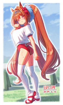 1girl animal_ears blue_sky blush breasts brown_hair buruma closed_mouth cloud commentary_request creape daiwa_scarlet_(umamusume) grass gym_shirt hair_between_eyes hair_intakes highres horse_ears horse_girl horse_tail large_breasts long_hair looking_at_viewer outdoors red_buruma red_eyes shirt shoes short_sleeves sky solo sweat tail thighhighs tiara tracen_training_uniform twintails umamusume very_long_hair white_shirt white_thighhighs