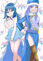 Rule 34 | absurdres, blue hair, boots, breasts, cape, crossdressing, crossover, demon horns, fairy tail, high-waist skirt, high heels, highres, horns, juvia lockser, large breasts, long hair, mask, mouth mask, multicolored hair, neck ribbon, one piece, purple eyes, ribbon, shirt, siblings, skirt, solo focus, sorambk, striped, striped clothes, striped shirt, thighs, ulti (one piece), very long hair, white background, white horns, white shirt