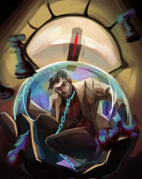 belt bill_cipher chain coat collar commentary cross cuffs distortion english_commentary ford_pines full_body giant glasses gravity_falls grey_hair highres in_palm knee_up motion_blur n0cturnalcm open_clothes open_coat red_shirt shackles shirt short_hair size_difference squatting yellow_coat