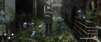 1girl absurdres asteroid_ill backpack bag blue_pants commentary_request cranidos croagunk gen_2_pokemon gen_3_pokemon gen_4_pokemon grass grey_hair heads-up_display health_bar highres jacket marill medium_hair minimap moss mudkip nintendo overgrown pants pokemon pokemon_(creature) rain red_jacket speech_bubble standing translation_request user_interface water wet wet_clothes wet_hair wooper