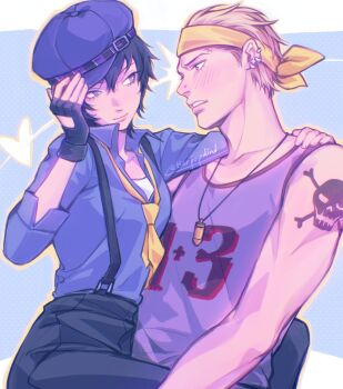 1boy 1girl bare_shoulders between_legs black_gloves black_pants blonde_hair blue_hair blue_hat blue_shirt blue_tank_top blush border collarbone commentary ear_piercing earrings english_commentary fingerless_gloves gloves hand_on_another's_shoulder hand_on_headwear hat headband heart hetero highres jewelry looking_at_another loose_necktie necklace necktie official_alternate_costume outside_border pants parted_lips persona persona_4 persona_4:_dancing_all_night persona_dancing piercing scar scar_on_face scar_on_forehead shirogane_naoto shirt short_hair shoulder_tattoo single_glove skull_tattoo suspenders tank_top tatsumi_kanji tattoo tiar_(tiariariar) twitter_username upper_body white_border wing_collar yellow_headband yellow_necktie