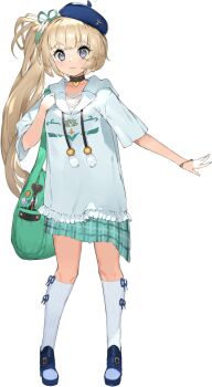 1girl bag blonde_hair blue_hat blue_sandals blush breasts closed_mouth dart frills full_body girls_creation hair_ribbon hat highres holding hood hoodie large_breasts long_hair looking_at_viewer manet_(girls_creation) miniskirt nauribon purple_eyes ribbon sandals short_sleeves shoulder_bag side_ponytail simple_background skirt smile socks solo standing tareme thighhighs thighs transparent_background white_socks zettai_ryouiki