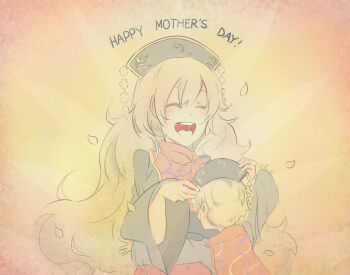 1boy 1girl blush bofeng chinese_clothes closed_eyes ears english_text hair_between_eyes happy hat hug junko_(touhou) light_blush long_hair long_sleeves mother&#039;s_day mother_and_son open_mouth orange_background orange_hair smile teeth tongue touhou ziren