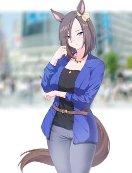 1girl air_groove_(casual)_(umamusume) air_groove_(umamusume) alternate_costume animal_ears blue_eyes bow brown_hair casual ear_chain highres horse_ears horse_girl horse_tail linked_piercing neko_reina open_mouth pants piercing solo tail umamusume yellow_bow