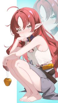 1girl absurdres ahoge apple arknights barefoot breasts cropped_shirt ear_piercing feet food fruit full_body golden_apple grey_skirt highres holding kampswe_galong long_hair looking_at_viewer myrtle_(arknights) piercing pointy_ears red_hair shirt skirt sleeveless sleeveless_shirt small_breasts squatting toenails toes white_shirt zoom_layer