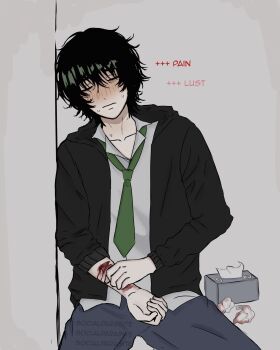 1boy black_hair black_hoodie blood blood_on_arm blue_pants blush closed_eyes degrees_of_lewdity english_text green_necktie highres hood hoodie kylar_(degrees_of_lewdity) kylar_(male)_(degrees_of_lewdity) necktie open_clothes open_hoodie pants seki183469 self-harm shirt short_hair solo tissue_box used_tissue white_shirt wrist_cutting