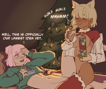 2girls blush bottomless breasts camera chips_(food) christmas christmas_tree closed_eyes closed_mouth commentary eating english_text food gift green_hoodie hood hoodie klimspree medium_breasts multiple_girls navel nude open_mouth original pink_hair pringles_can red_shrug red_thighhighs shrug_(clothing) symbol-only_commentary thighhighs tribadism yuri