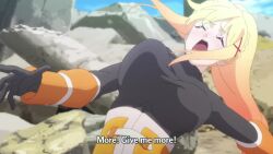 1girl animated anime_screenshot black_bodysuit blonde_hair blush bodysuit bouncing_breasts breast_focus breast_slap breasts closed_eyes covered_erect_nipples darkness_(konosuba) female_pervert golem hair_ornament highres kono_subarashii_sekai_ni_shukufuku_wo! large_breasts long_hair pervert ponytail sidelocks sound subtitled tagme video x_hair_ornament