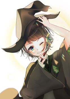 1girl absurdres black_cloak black_necktie blue_eyes braid brown_hair cloak collared_shirt emutakanoe hair_ribbon hand_on_headwear hands_up hat highres hogwarts_school_uniform holding holding_wand hololive long_sleeves looking_at_viewer necktie one_eye_closed oozora_subaru parted_lips ribbon school_uniform shirt short_hair side_braid slytherin smile solo swept_bangs upper_body virtual_youtuber wand white_background white_shirt wide_sleeves wizard_hat