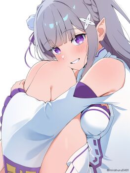 1girl absurdres bagworm_(mirahuru) bare_shoulders blunt_bangs blush braid clenched_teeth commentary crown_braid dress elf emilia_(re:zero) feet_out_of_frame flower grey_hair hair_flower hair_ornament hair_ribbon highres hugging_own_legs knees_up long_hair long_sleeves looking_at_viewer pointy_ears purple_eyes purple_ribbon re:zero_kara_hajimeru_isekai_seikatsu ribbon simple_background sitting smile solo teeth thighs twitter_username white_background white_dress wide_sleeves x_hair_ornament